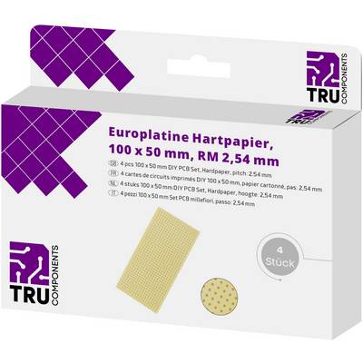 Europlatina tvrdého papiera, 100 x 50 mm, RM 2,54 mm, na obale štartovacieho balenia dosiek plošných spojov so štyrmi kusmi a fialovým symbolom Tron.