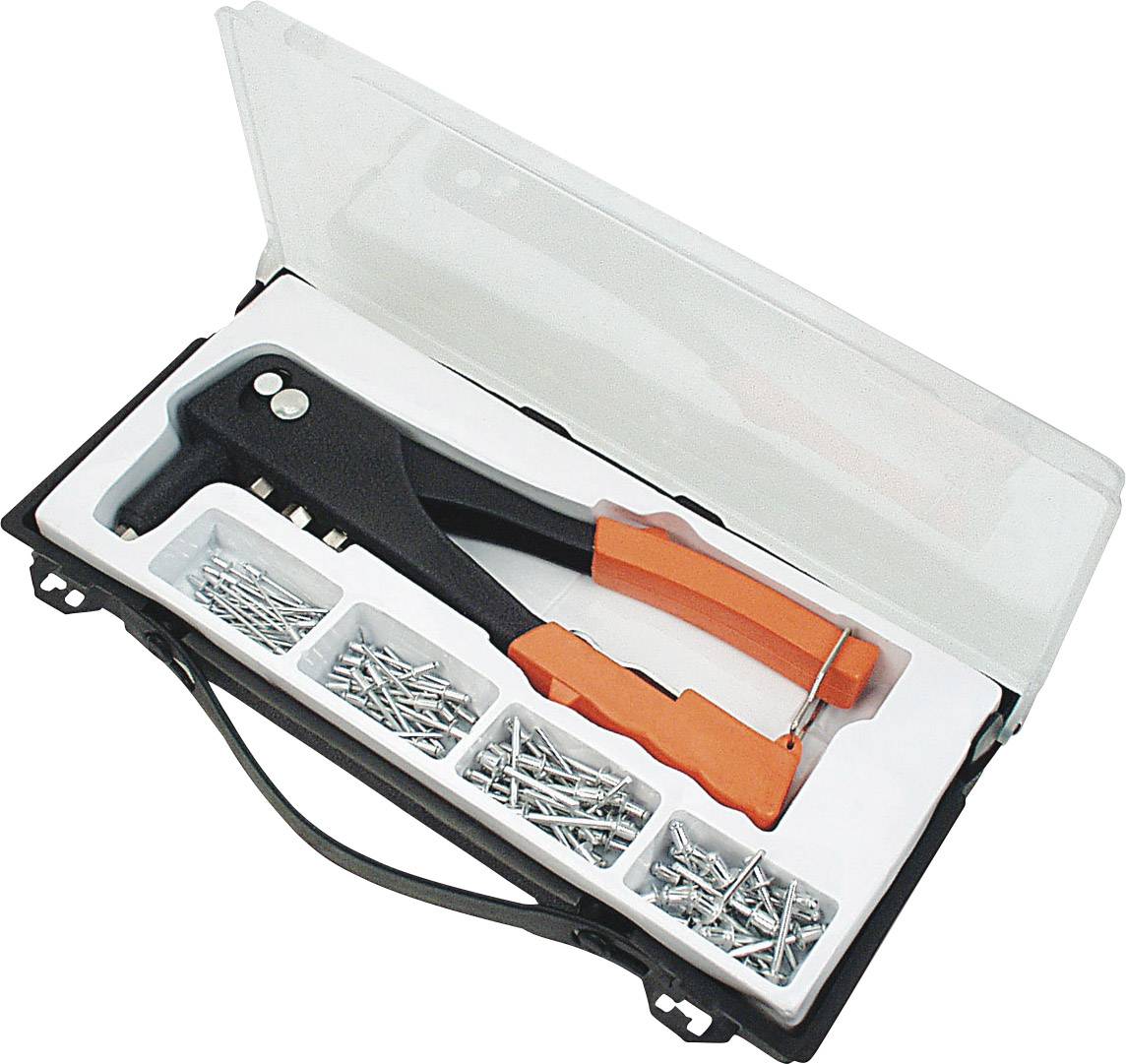 Sada klieští s oranžovou rukoväťou a viacerými priehradkami pre rôzne nity, otvorená v čiernom plastovom kufríku.