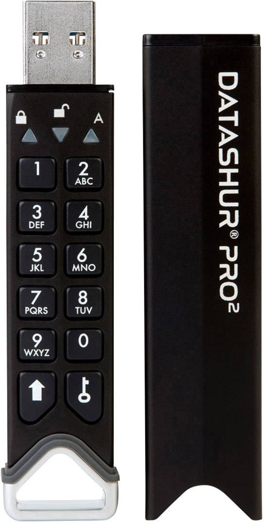 USB kľúč s numerickou klávesnicou a odnímateľným krytom. Označený nápisom 'DATASHUR PRO 2'. Bezpečnostné prvky sú zreteľne viditeľné.