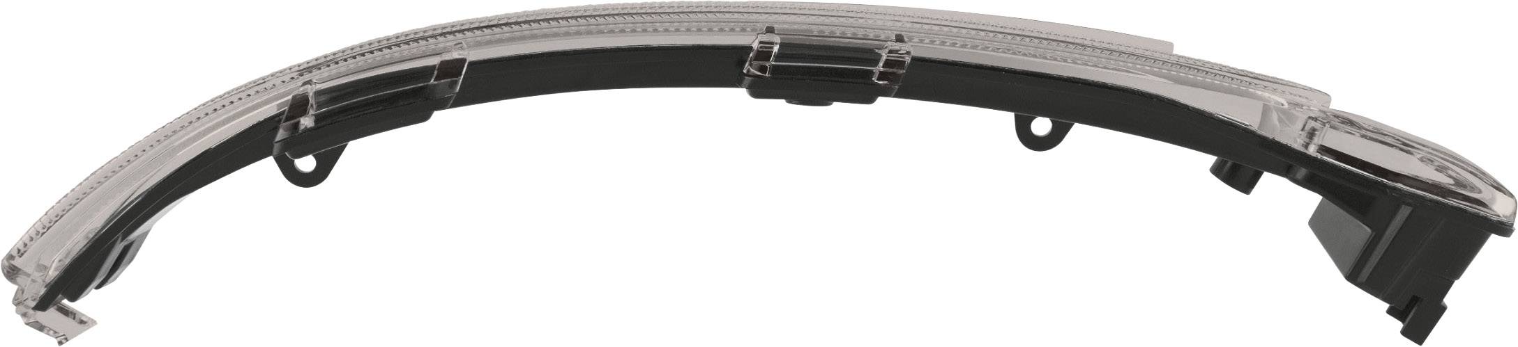 Ohnutá automobilová súčiastka s upevňovacími klipsami, pravdepodobne svetelná alebo reflexná súčasť určená na montáž do vozidla.