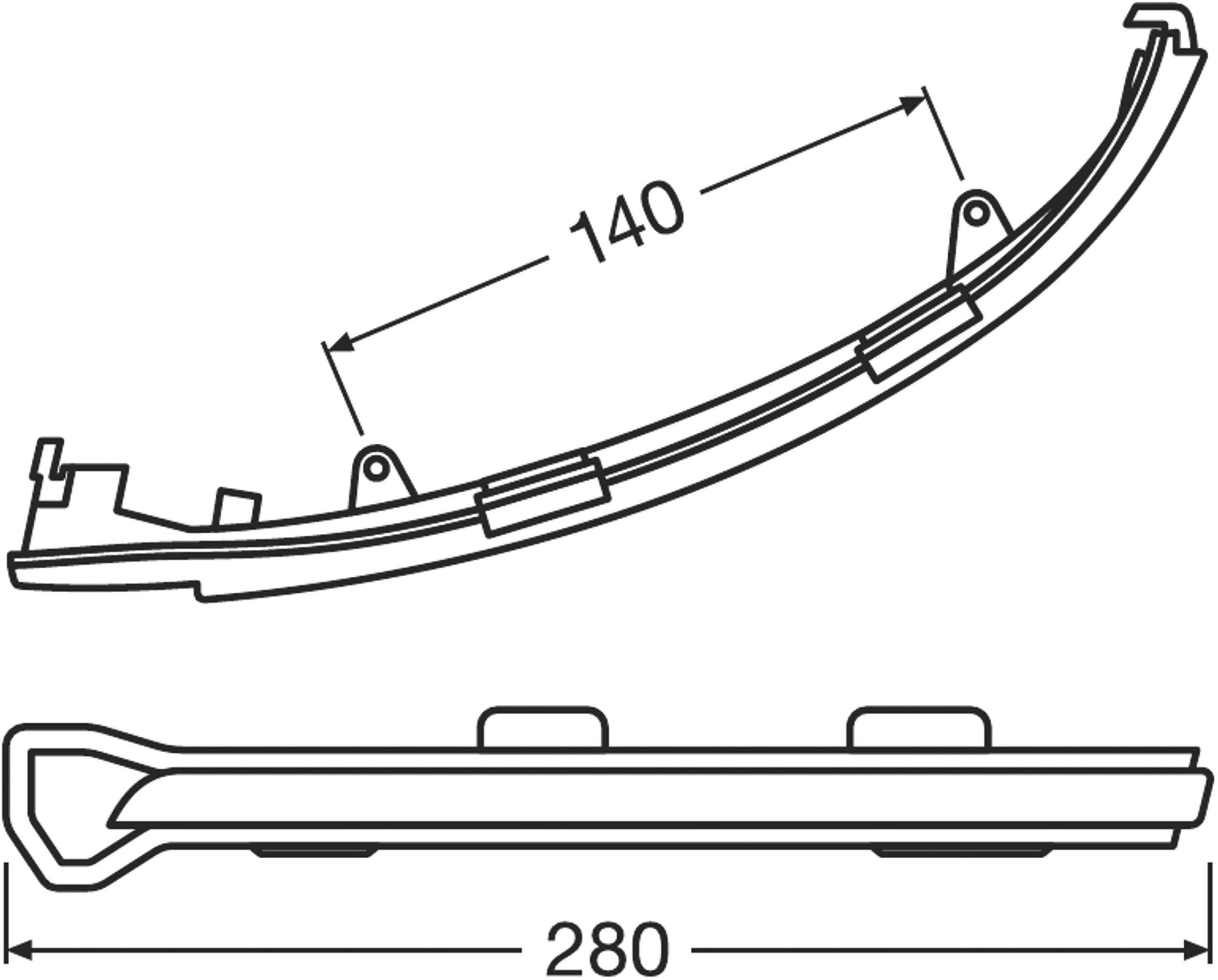 Technický výkres súčiastky s bočným a horným pohľadom. Dĺžka 280 mm, vzdialenosť medzi úchytmi 140 mm. Dôležité konštrukčné prvky zvýraznené.