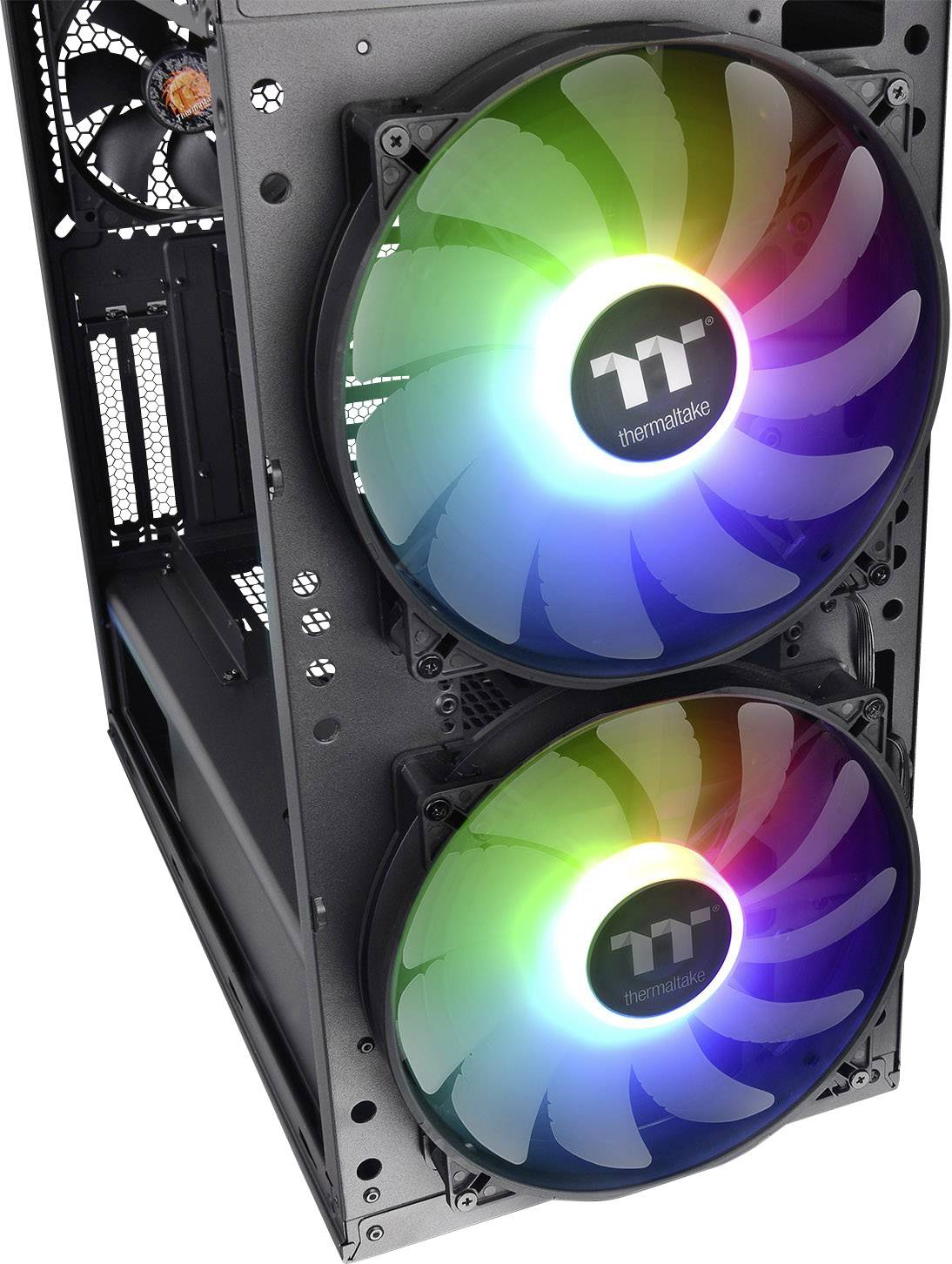 Otvorená počítačová skrinka s dvoma veľkými, svietiacimi RGB ventilátormi vyžarujúcimi dúhové farby.