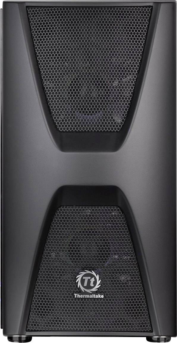 Čierna počítačová skrinka značky Thermaltake s dvoma ventilačnými mriežkami na prednej strane.