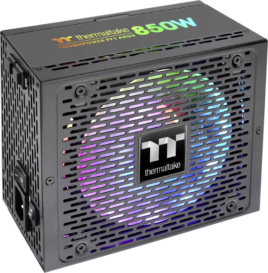 Čierna počítačová napájacia jednotka značky Thermaltake s RGB podsvietením a výkonom 850 wattov.