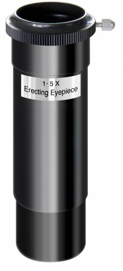 Okuláre ďalekohľadu s nápisom '1.5X Erecting Eyepiece', čierne, valcovitého tvaru s kovovým upevňovacím skrutkovým mechanizmom.