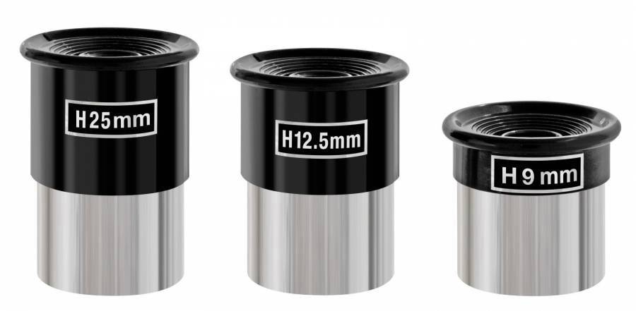 'Tri okuláre s nápismi: H25mm, H12,5mm a H9mm, usporiadané vedľa seba v rôznych veľkostiach.'
