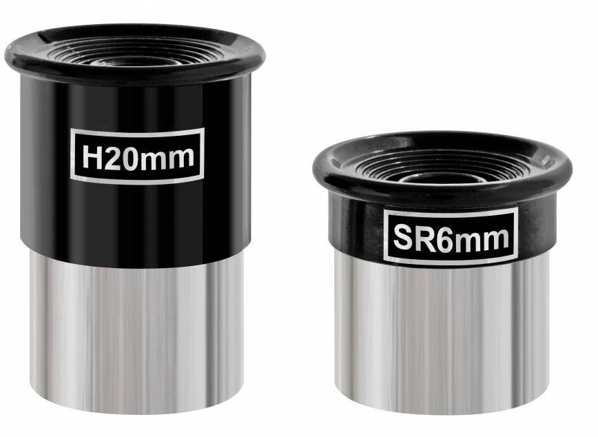 Dva mikroskopické okuláre vedľa seba, ľavý s nápisom "H20mm", pravý "SR6mm", na bielom pozadí.