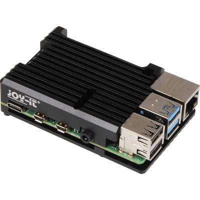 Počítač na jednej doske so čiernymi chladičmi, štyrmi USB portami a ethernetovým portom na zelenej doske plošných spojov.