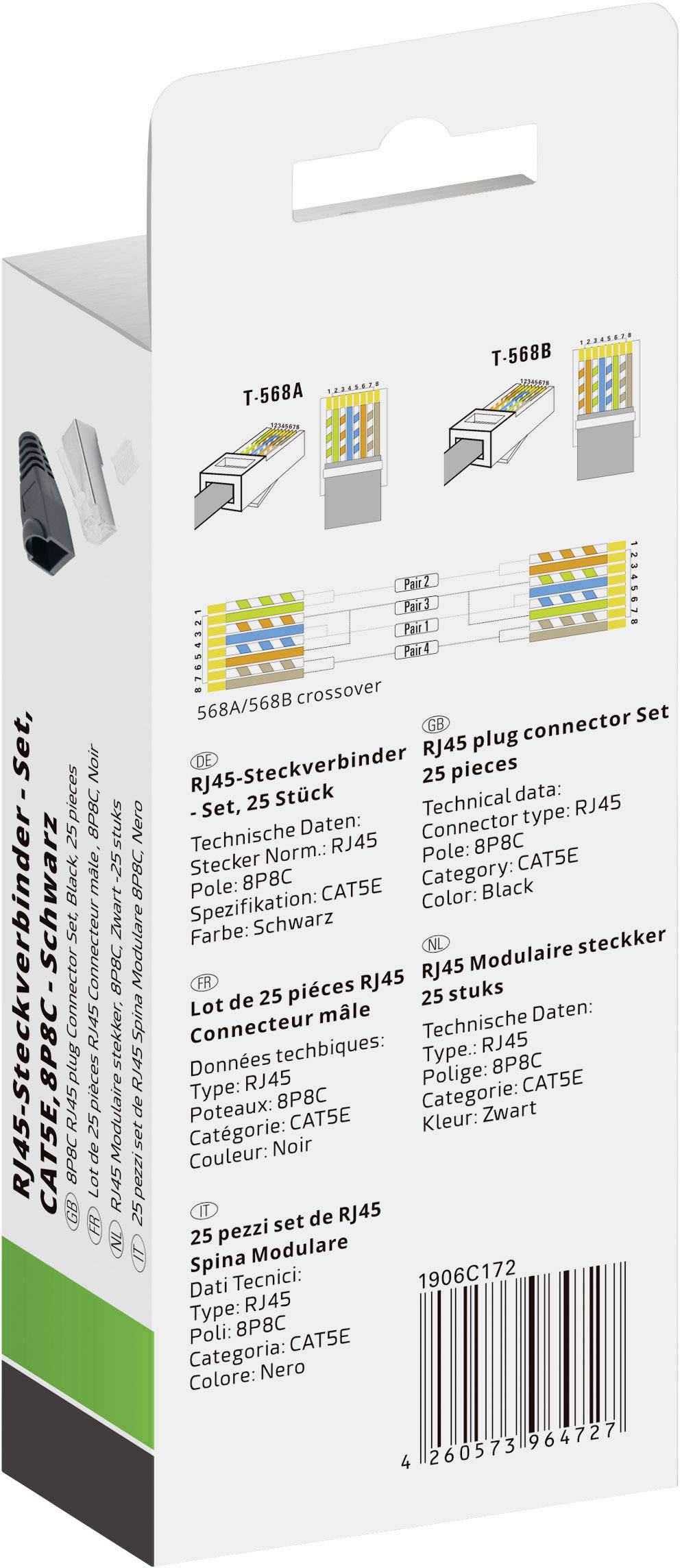RJ45 konektor set, 25 kusov, vhodný pre CAT5E, farba: čierna. Zobrazenie sieťových konektorov s technickými špecifikáciami.