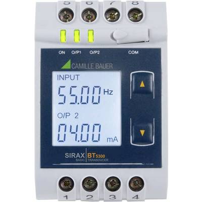 Elektrické meracie zariadenie s displejom zobrazuje 'INPUT 55,00 Hz' a 'O/P 2 04,00 mA'. Hore tri zelené LED indikátory, dole ovládacie tlačidlá.