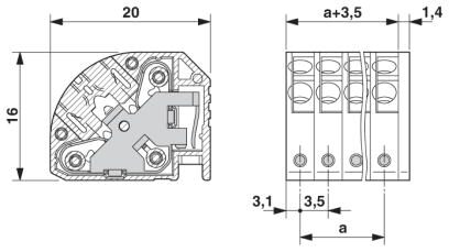 Technický výkres elektrického pripojovacieho bloku s rozmermi: 20x16 mm. Detailný pohľad so vzdialenosťami a upevňovacími bodmi.