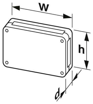 Diagram obdĺžnikového boxu s bočnými rozmermi: šírka 'w', výška 'h', hĺbka 'd', so skrutkovými otvormi v rohoch.