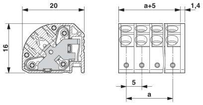 Technický výkres konektora s rozmermi: výška 16 mm, šírka 20 mm, detail medzery 1,4 mm, vzdialenosť kontaktov 5 mm.