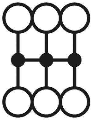 Čierno-biely schematický diagram so spojenými kruhmi v dvoch radoch, ktoré sú navzájom prepojené čiarami.