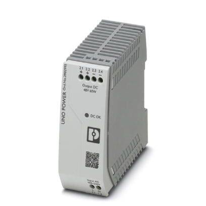 Šedo-biela napájacia jednotka koľajníc pre priemyselné aplikácie, označená 'UNO POWER', 'Výstup DC 48V 60W'.