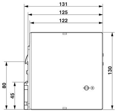 Technický nákres obdĺžnikového boxu s rozmermi: šírka 131 mm, 125 mm, 122 mm vpredu; výška 130 mm a 80 mm.