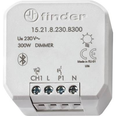 Elektronický stmievací modul, značka Finder, modelové číslo 15.21.8.230.B300, vhodný pre 230V, 300W. Obsahuje symbol Bluetooth.