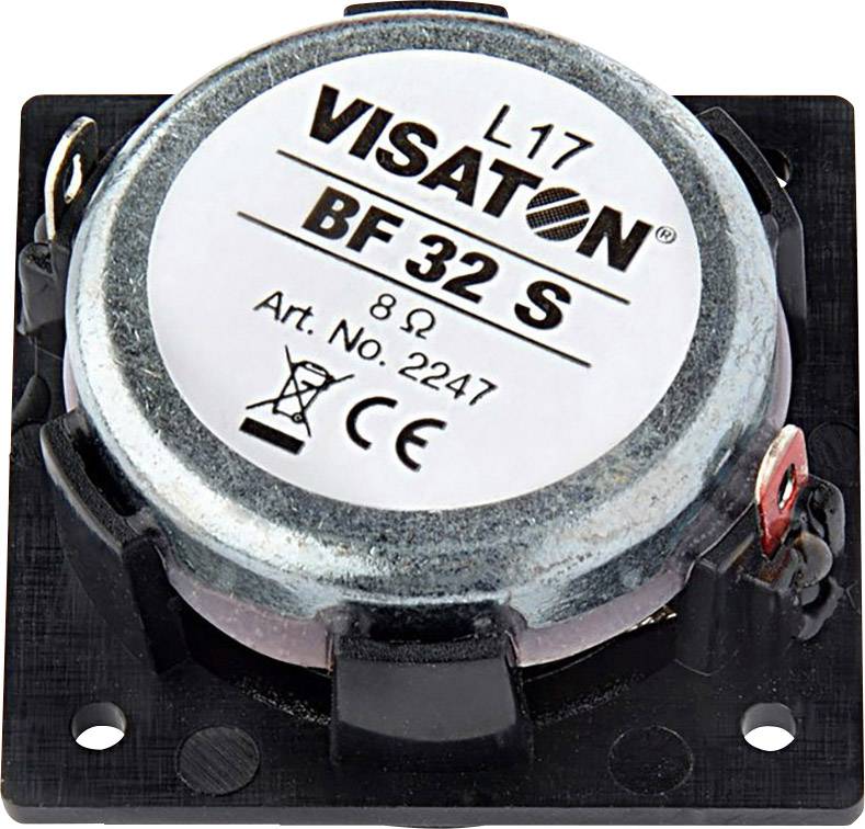 Reproduktorový modul s nápisom: 'VISATON BF 32 S, 8 Ω, Art. No. 2247'. Čierne uchytenie, strieborné kovové telo, pripojovacie svorky.