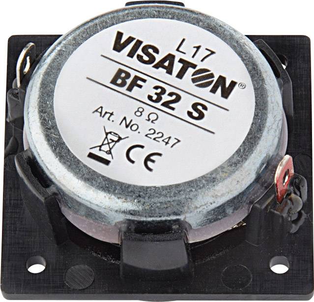 Reproduktor Visaton BF 32 S, 8 Ω, číslo modelu 2247. Pohľad zhora na zadnú stranu s technickými informáciami a označením CE.
