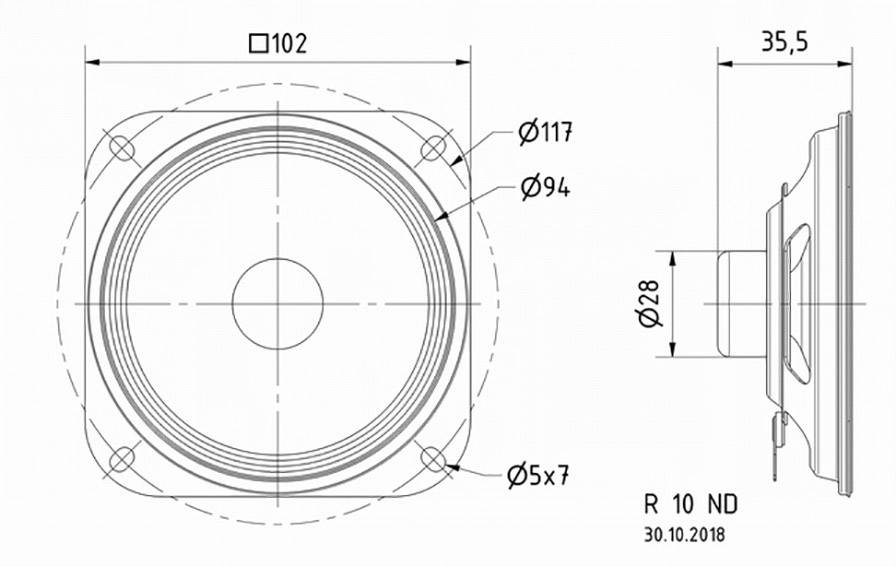 Technický výkres reproduktora s rozmermi: šírka 102 mm, hĺbka 35,5 mm, diery Ø5. Dôležité rozmery sú vyznačené.