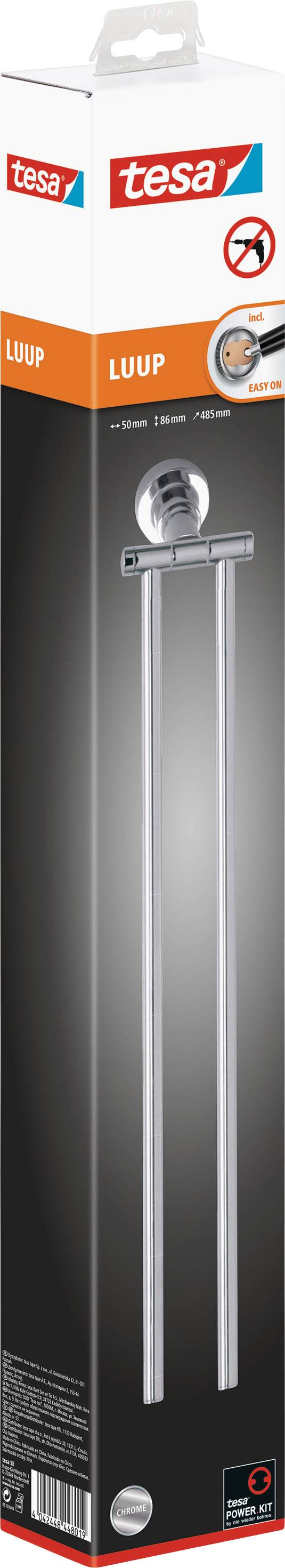 Obal držiaka na uteráky tesa LUUP, zobrazujúci dve paralelné kovové tyče. Vhodný na inštaláciu bez vŕtania.