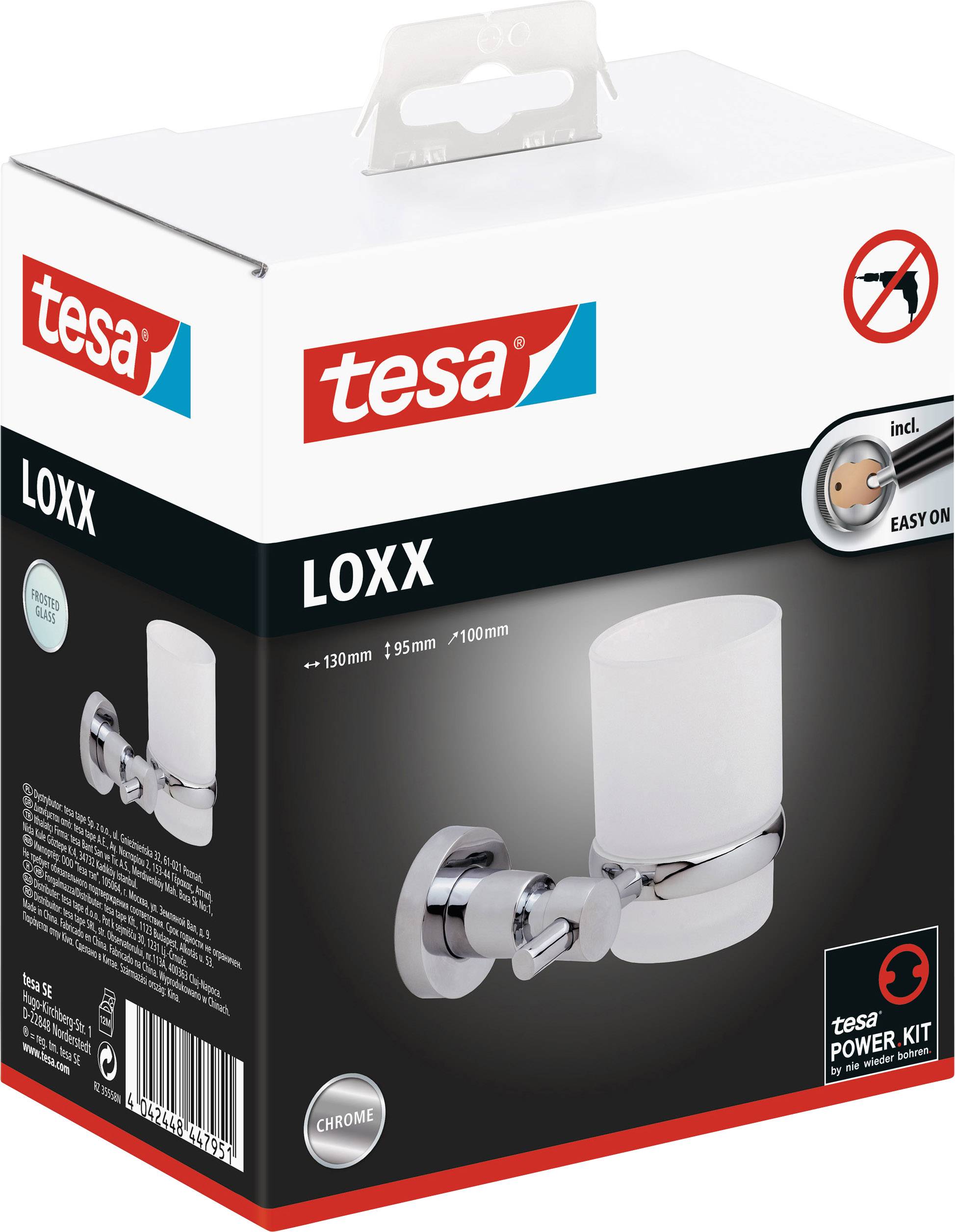 Obal držiaka tesa LOXX na stenu so sklom. Zobrazuje symbol 'bez vŕtania', Power.Kit a chrómový dizajn. Obsahuje rozmery 130 mm a 95 mm.