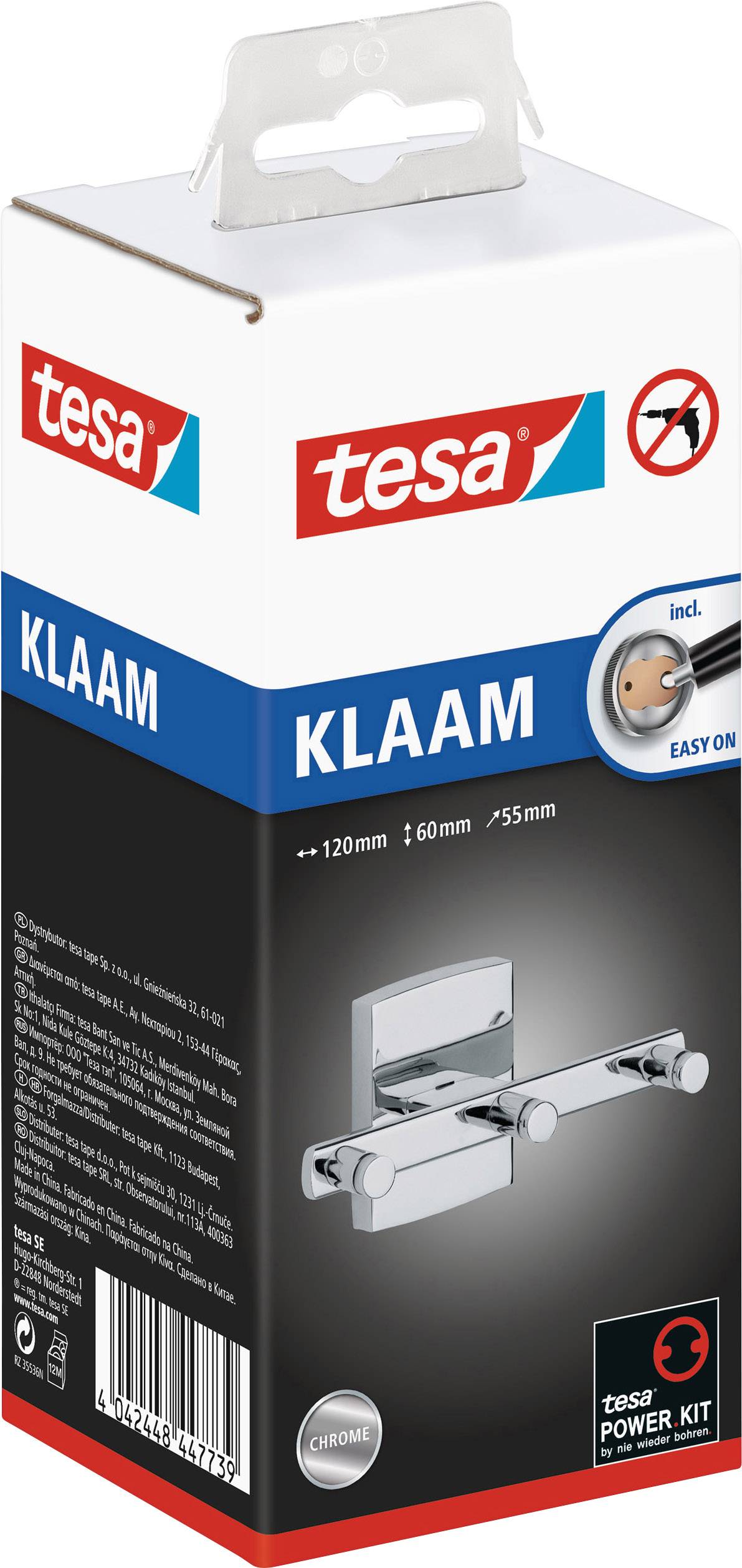 Obal samolepiaceho držiaka na stenu značky 'tesa'. Názov produktu 'KLAAM', chrómový, vrátane jednoduchého upevňovacieho systému.