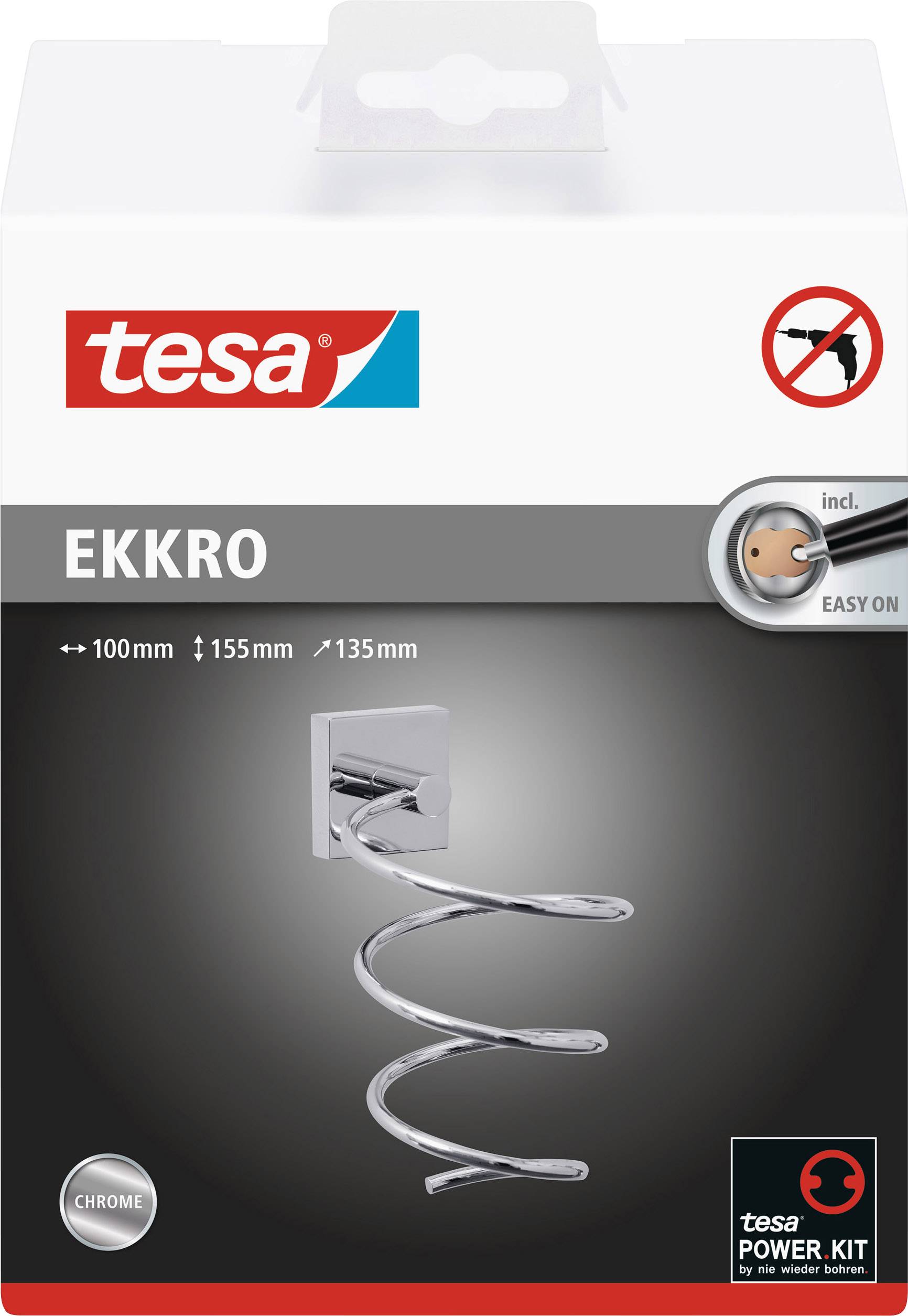 Balenie tesa Power Kit. Obsahuje držiak na stenu so špirálovým úchytom. Text popisuje jednoduchú montáž bez vŕtania.