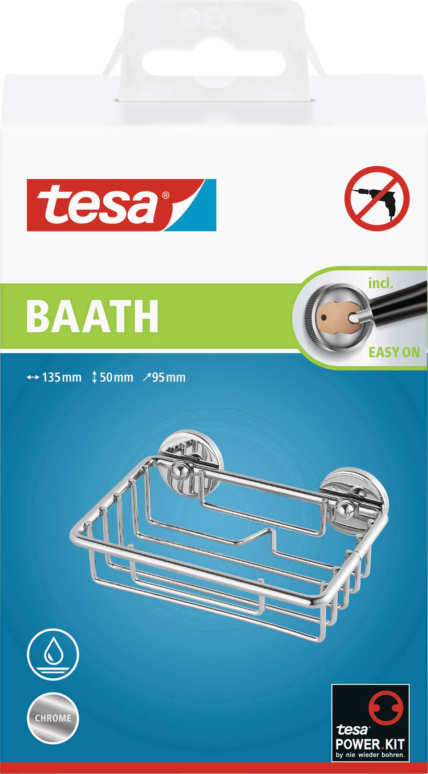 Balenie sprchovej police Tesa BAATH s upevnením 'Easy On' bez vŕtania, v chrómovom prevedení. Vhodné do vlhkého prostredia.