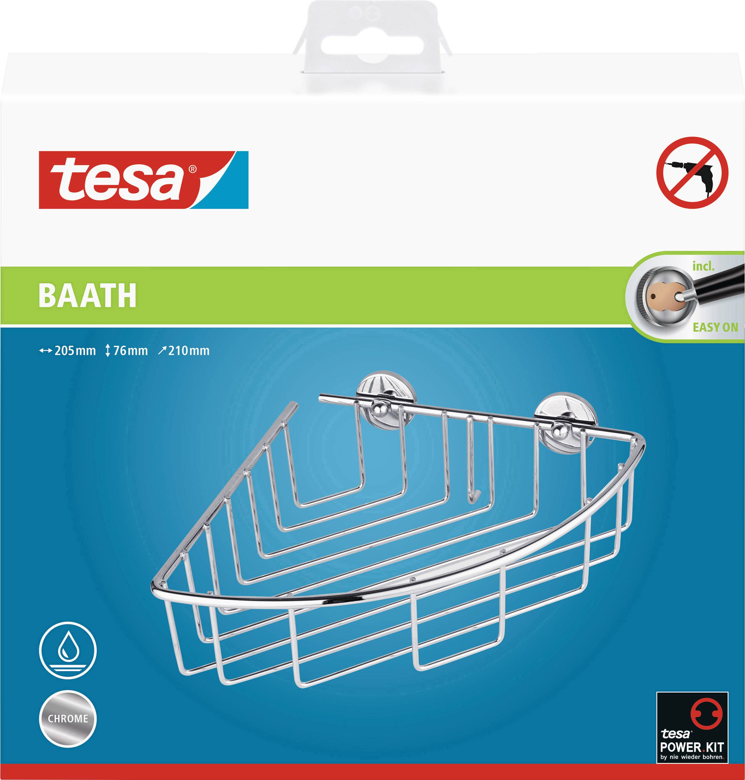 Kovový rohový držiak na sprchový kút značky tesa, model 'Baath', pochromovaný, ľahká inštalácia bez vŕtania, rozmery: 205 x 76 x 210 mm.