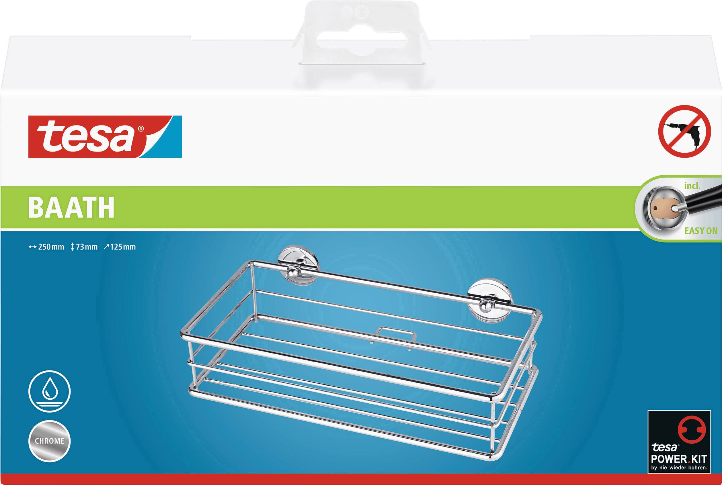 Regál z pochrómovaného kovu do kúpeľne, montovaný pomocou Tesa Power Kit, bez vŕtania. Obal zobrazuje logo značky a spôsob upevnenia.
