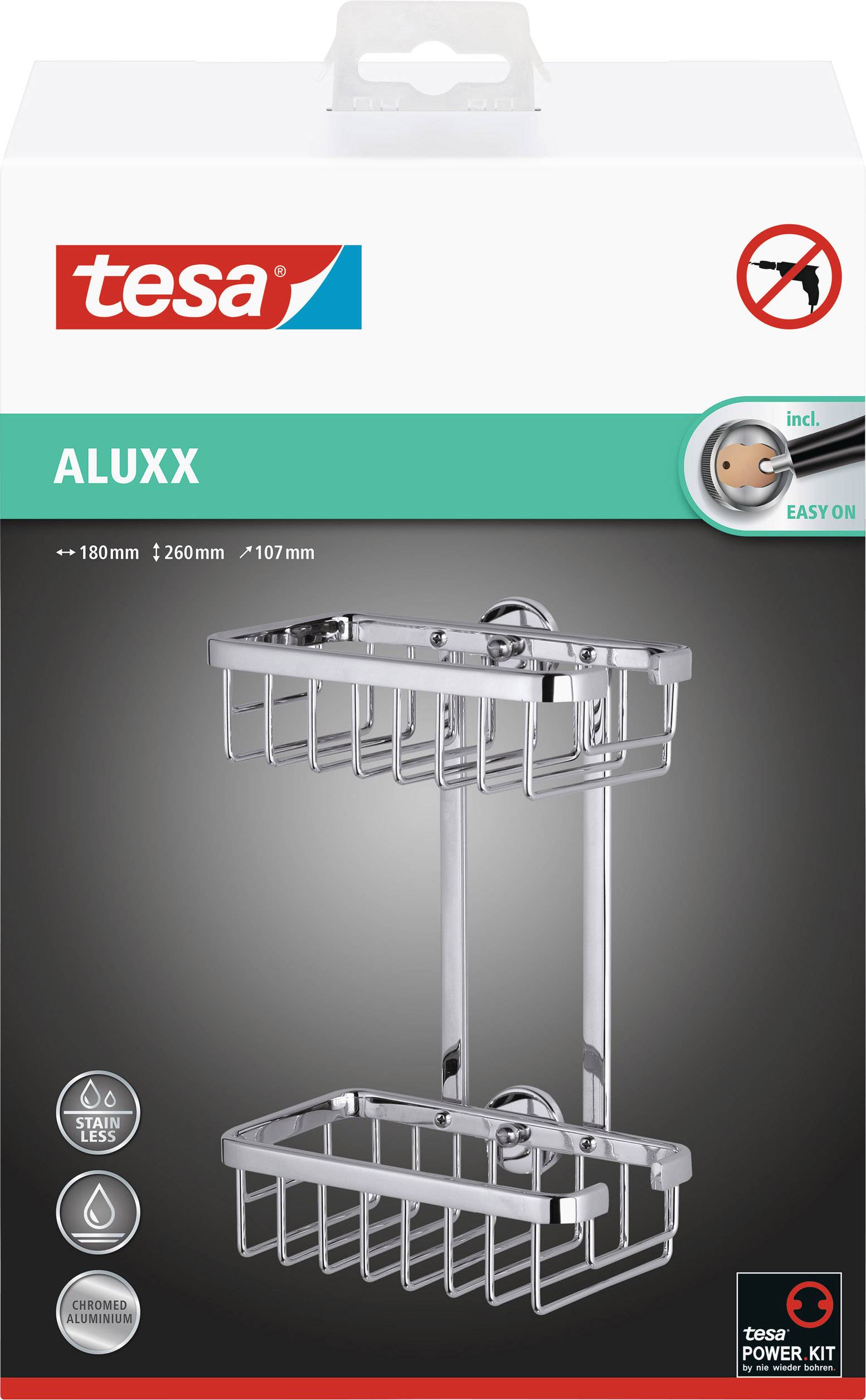 Odpadkový kôš Tesa 'Aluxx', pochromovaný, vrátane upevňovacieho príslušenstva, rozmery: 180 mm x 260 mm x 107 mm, jednoduchá montáž.