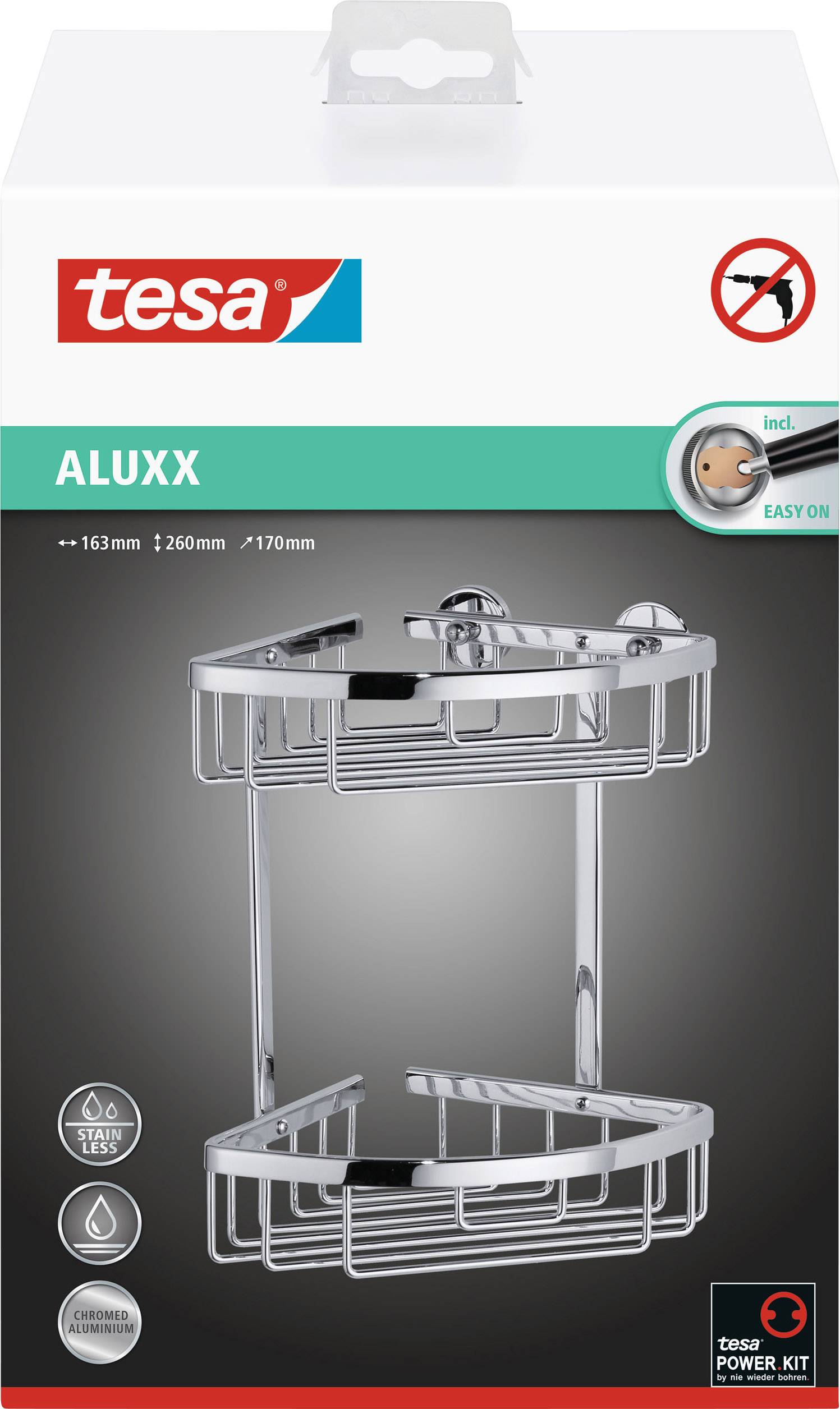 Kovový kúpeľňový kôš s dvoma úrovňami, upevnený bez vŕtania pomocou Tesa Power Kit. Obal zobrazuje produkt a značku.