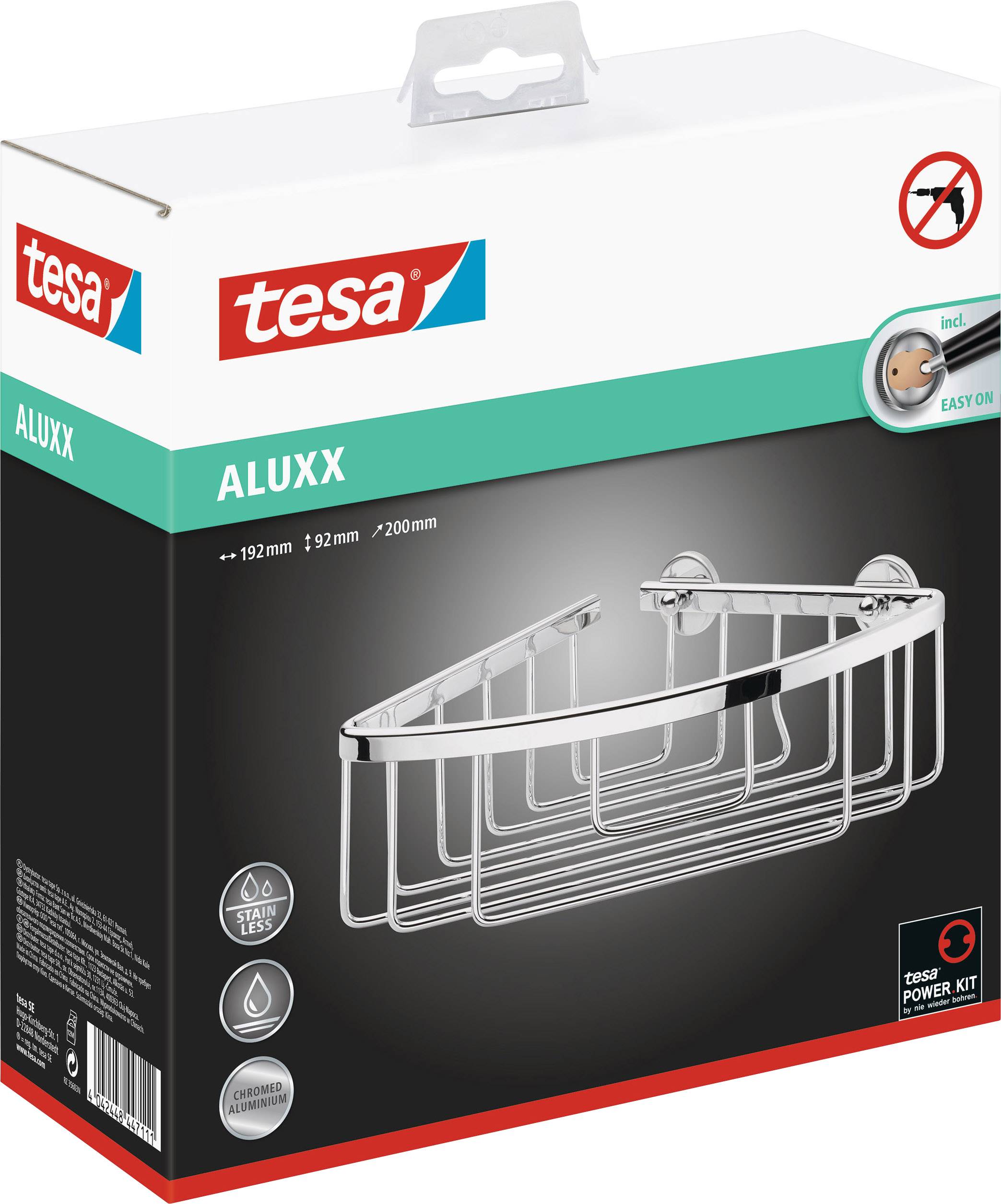 Balenie rohového kúpeľňového regálu Tesa Aluxx, trojuholníkového tvaru, z pochrómovaného kovu. Obsahuje montážnu súpravu Power Kit pre jednoduchú inštaláciu bez vŕtania.