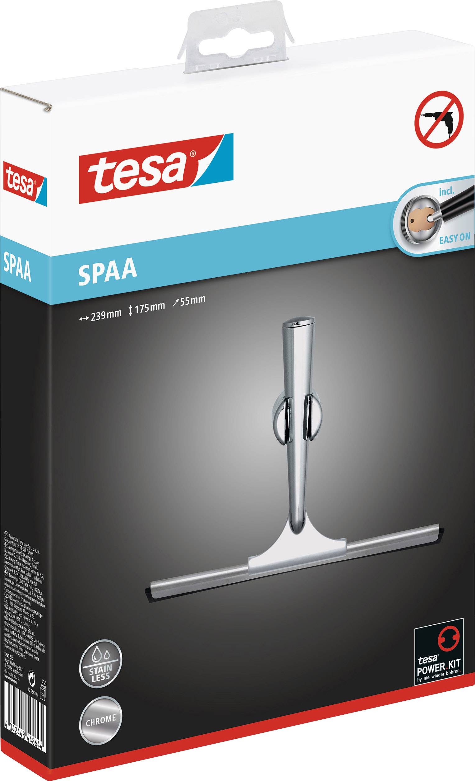 Obal sprchovej stierky značky Tesa, séria 'Power.Kit'. Stierka je vyobrazená pred tmavým pozadím.