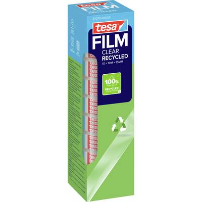 'Obal na tesa FILM Clear Recycled, 100% recyklované, 10m x 15mm.' Obsahuje niekoľko kotúčov lepiaceho pásu v zelenom a modrom krabici.