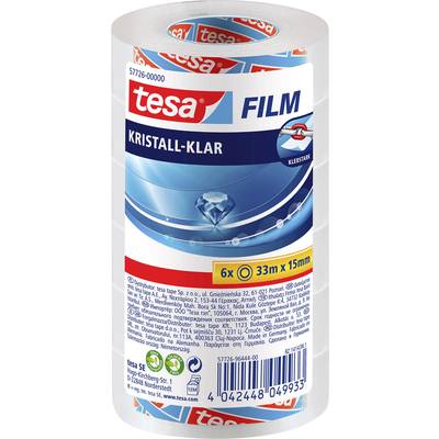 Balenie 'tesa Film' Krištáľovo priehľadné, 6 roliek, 33 m x 15 mm. Produktový štítok s informáciami o výrobcovi a čiarovým kódom viditeľný.