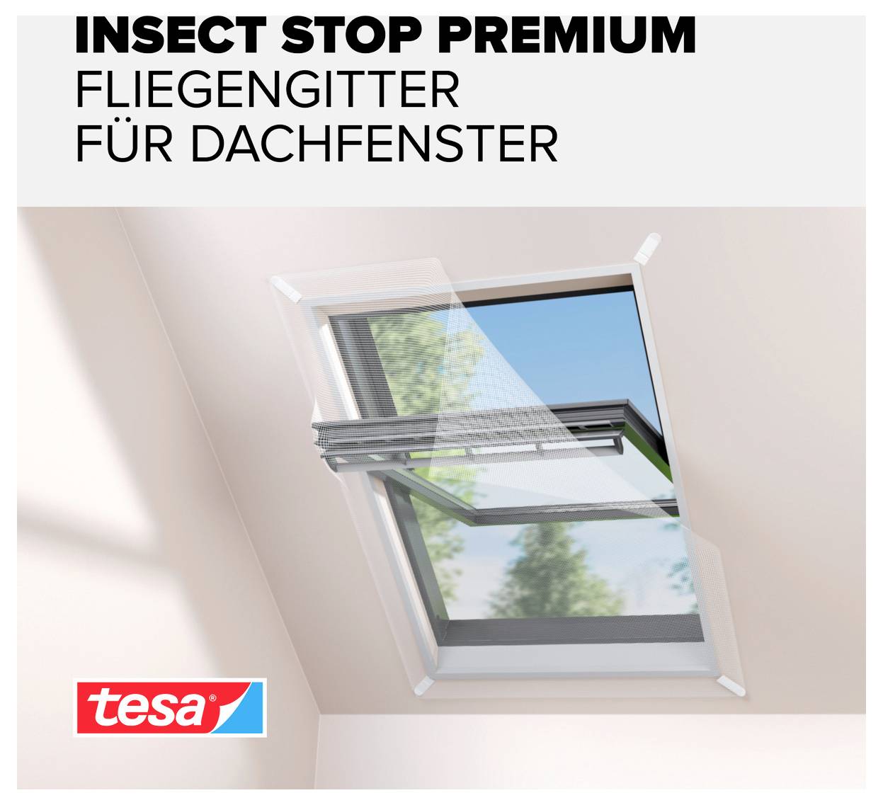 Reklamná grafika pre „INSECT STOP PREMIUM" s textom „SIEŤ PROTI HMYZU PRE STREŠNÉ OKNÁ" a otvoreným strešným oknom so sieťou proti hmyzu; logo tesa vľavo dole.
