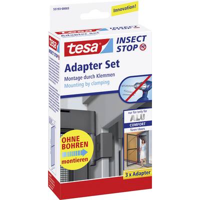 'Balenie adaptérovej sady Tesa Insect Stop, montáž pomocou svoriek, vhodné pre hliníkové ComfortDvere, bez potreby vŕtania.'