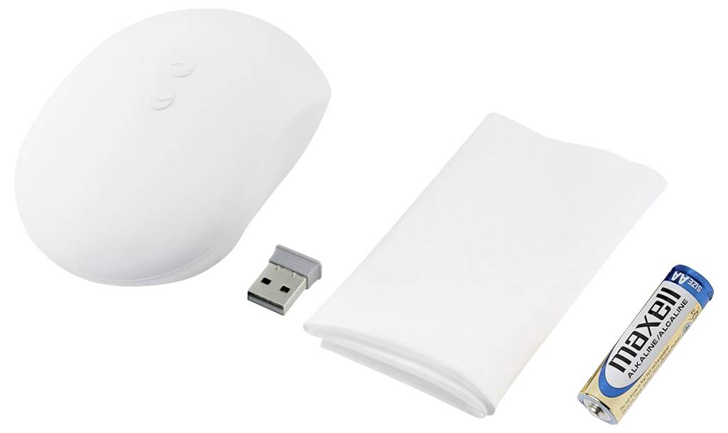 Biela bezdrôtová myš s USB prijímačom, bielou čistiacou handričkou a batériou Maxell AA. Vhodná na použitie s počítačom.