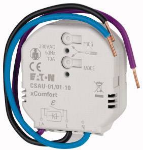 Biely xComfort prijímač s modelovým číslom CSAU-01/01-10. Má päť pripojení a je vhodný pre 230VAC, 50Hz, 10A.