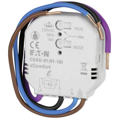 xComfort spínací aktor od spoločnosti EATON s pripojovaciemi vodičmi, označený ako CSAU-01/01-16I, pre 230V a 16A, s programovým a módovým prepínačom.