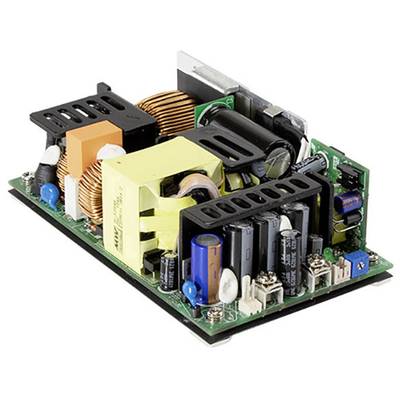 Elektronický napájací zdroj s rôznymi komponentmi, ako sú kondenzátory a cievky, na doske plošných spojov.