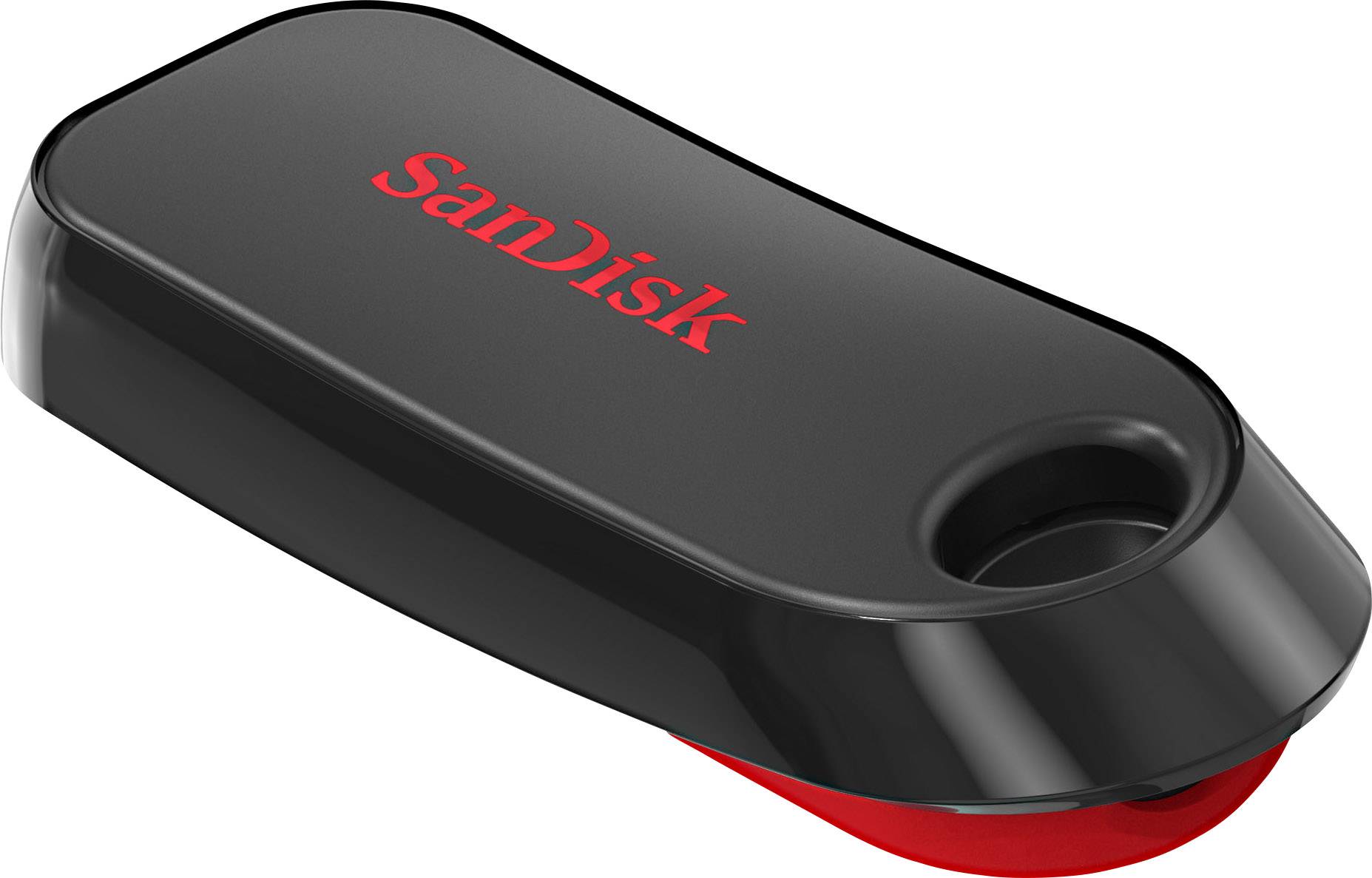 Čierny USB kľúč SanDisk s červeným nápisom a otvorom na zavesenie.