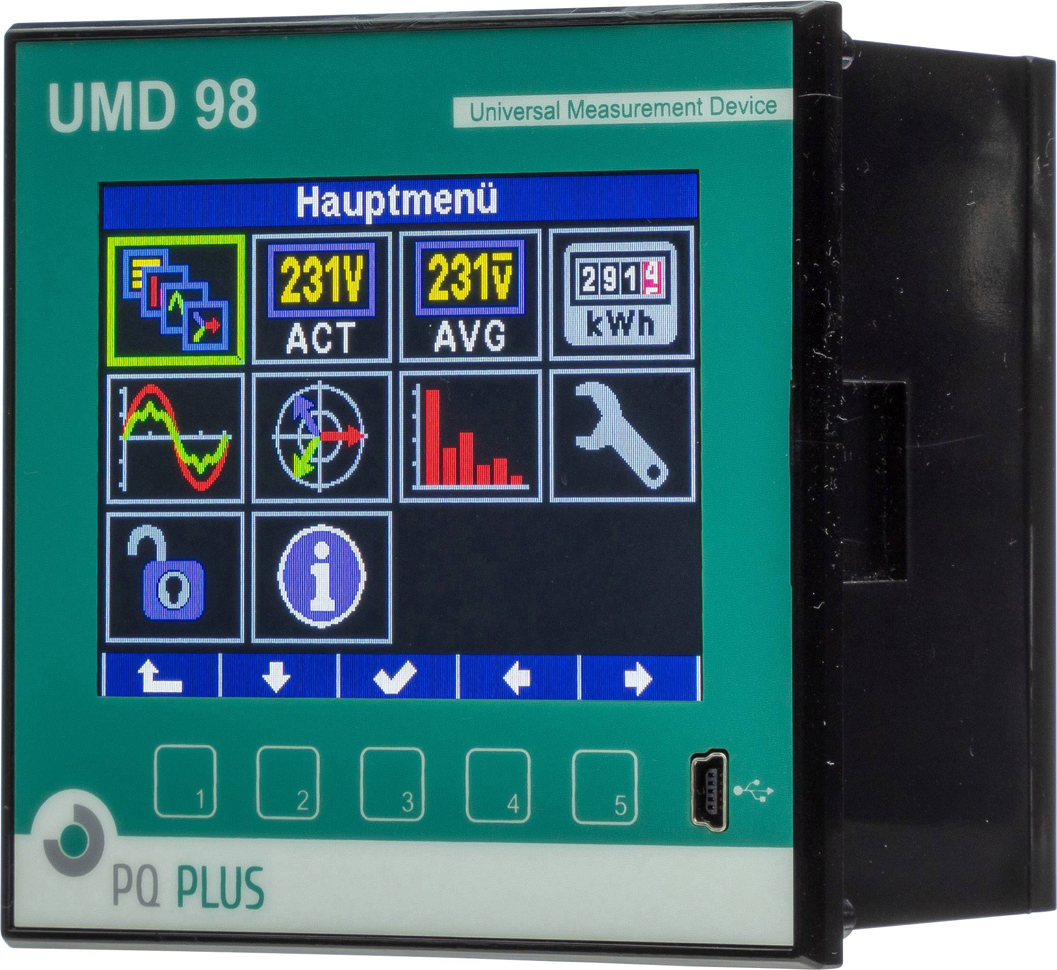 Meracie zariadenie UMD 98 s displejom zobrazuje menu so symbolmi na monitorovanie elektrickej energie a napäťové indikátory 231V (ACT) a 231V (AVG).