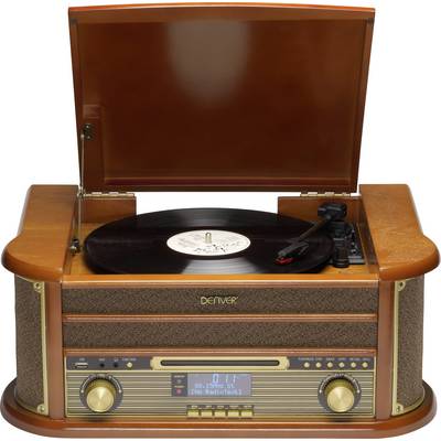 Retro gramofón s otvoreným krytom prehráva čiernu vinylovú platňu. Zariadenie má povrch pripomínajúci drevo.