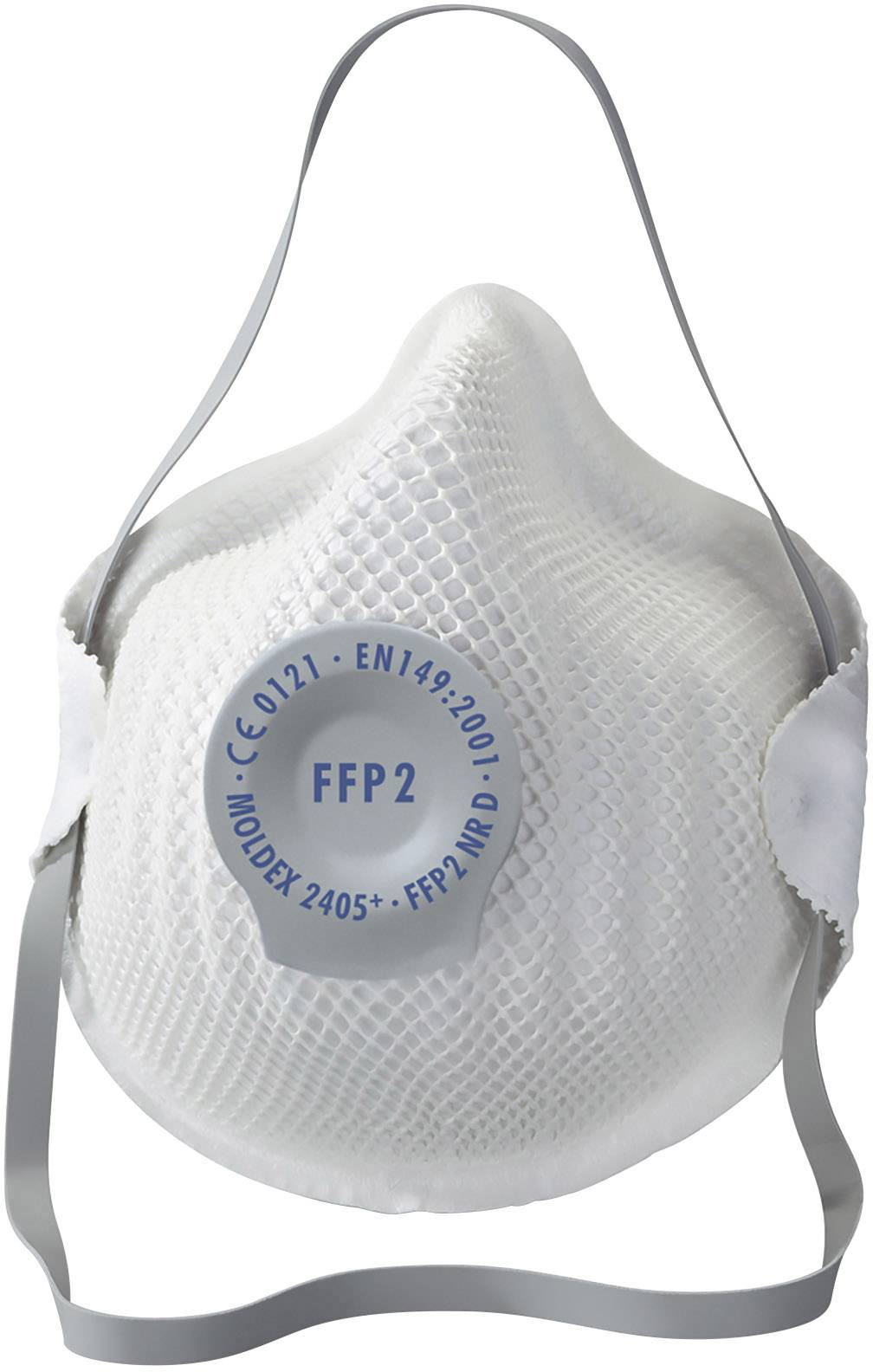 FFP2 ochranná maska, biela s elastickými pásikmi, používaná na filtráciu čiastočiek vo vzduchu. Testovaná podľa noriem CE 0121, EN 149:2001.