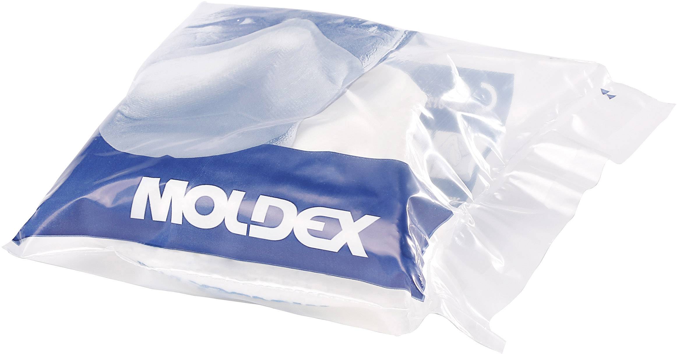 Obal respirátora značky Moldex v priehľadnom vrecku s modrým štítkom, zobrazujúci obrázok masky.