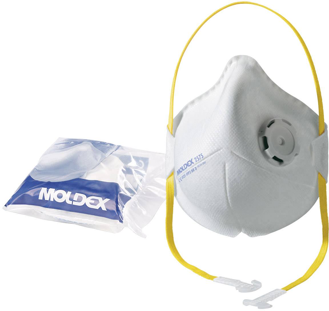 Respirátor s ventilom a žltými páskami, vedľa ktorého sú zabalené náhradné masky značky 'Moldex'.