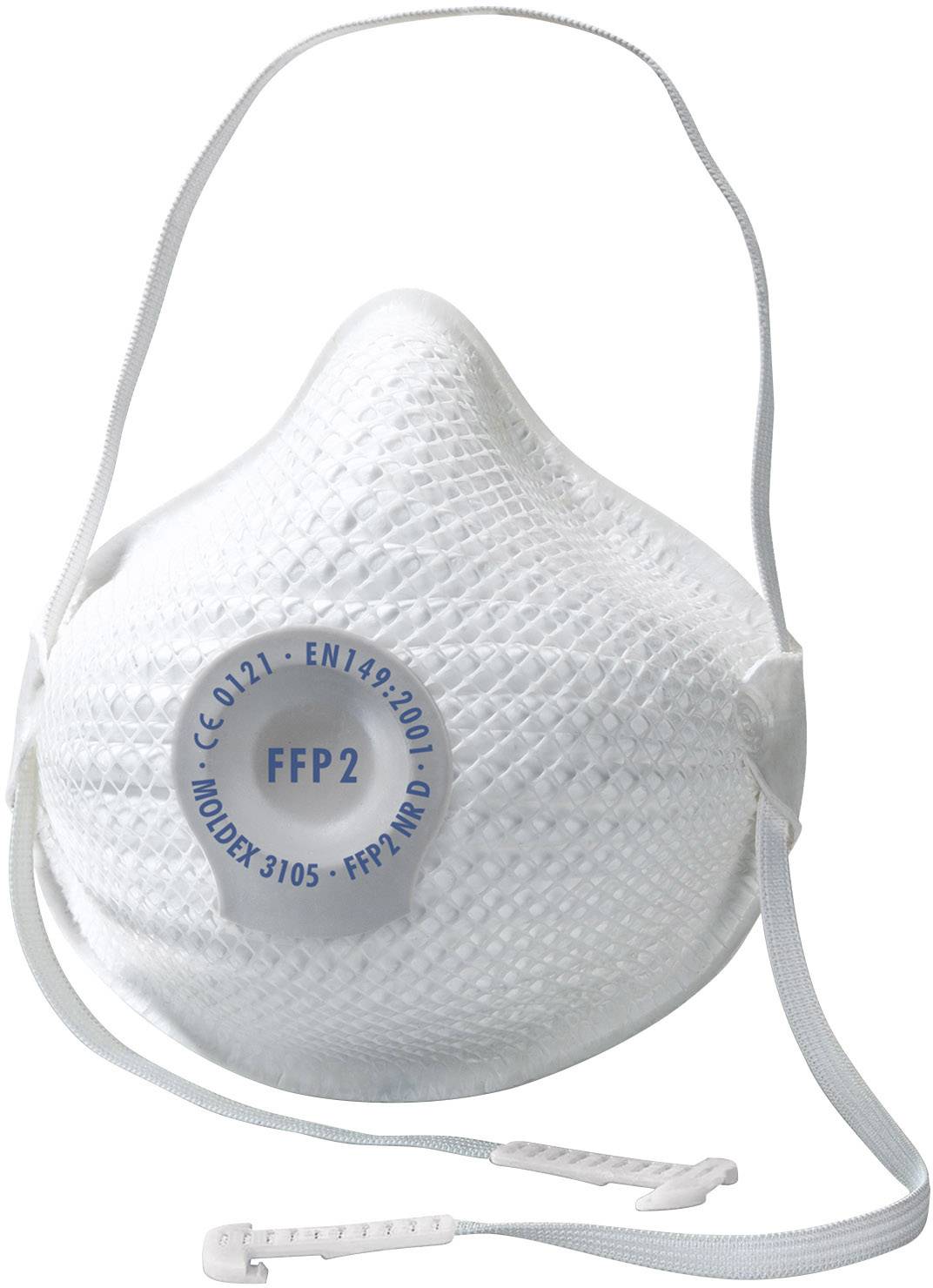 Biela FFP2 maska s elastickými pásikmi a nápisom 'FFP2' na prednej strane. Slúži na ochranu pred časticami a aerosolmi.